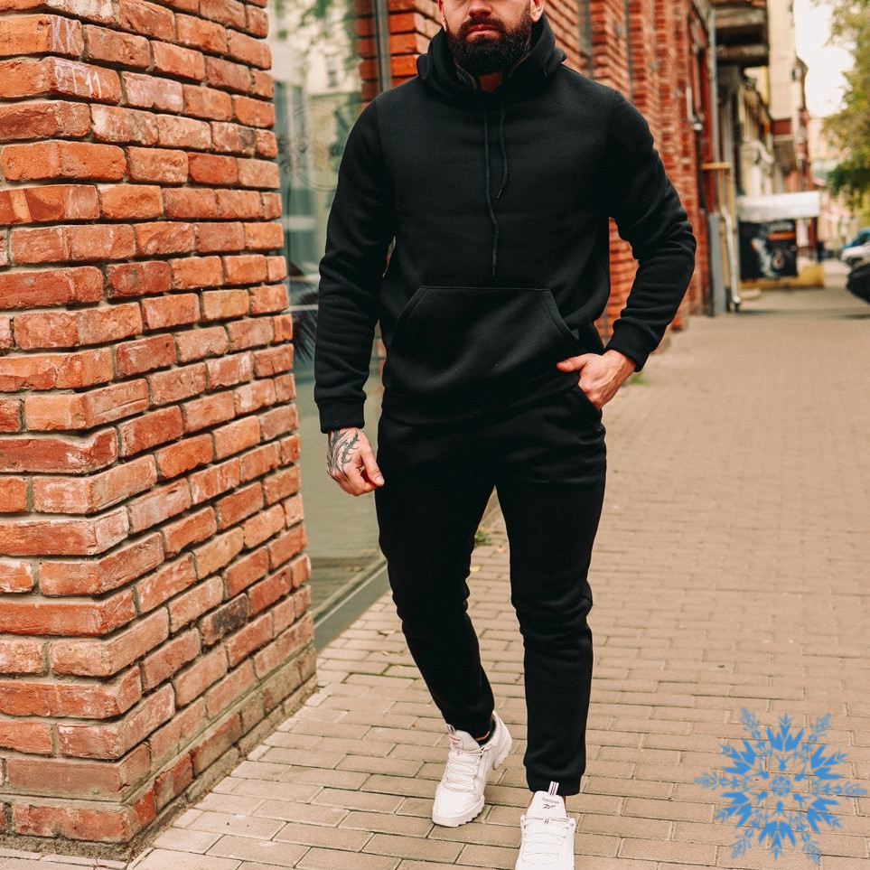 Зимний спортивний костюм чоловічий теплий осінь-зима тринитка на флісі з капюшоном чорний. Живе фото