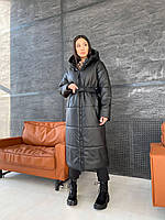 Жіноче зимове пальто на блискавці з поясом і капюшоном з екошкіри (Оversize 42-48), Чорне