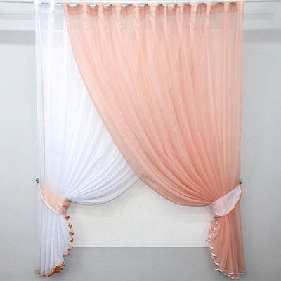 Кухонний (330х170см) комплект, шторки з підв'язками "Дует". Колір білий з персиковим. Код 060к 52-0240