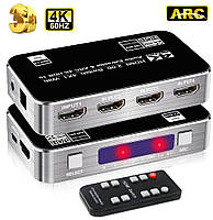 HDMI Комутатор | світч на 4 порти Addap HVS-04, чотиринаправлений відео перемикач 4К, з підтримкою ARC, Silver