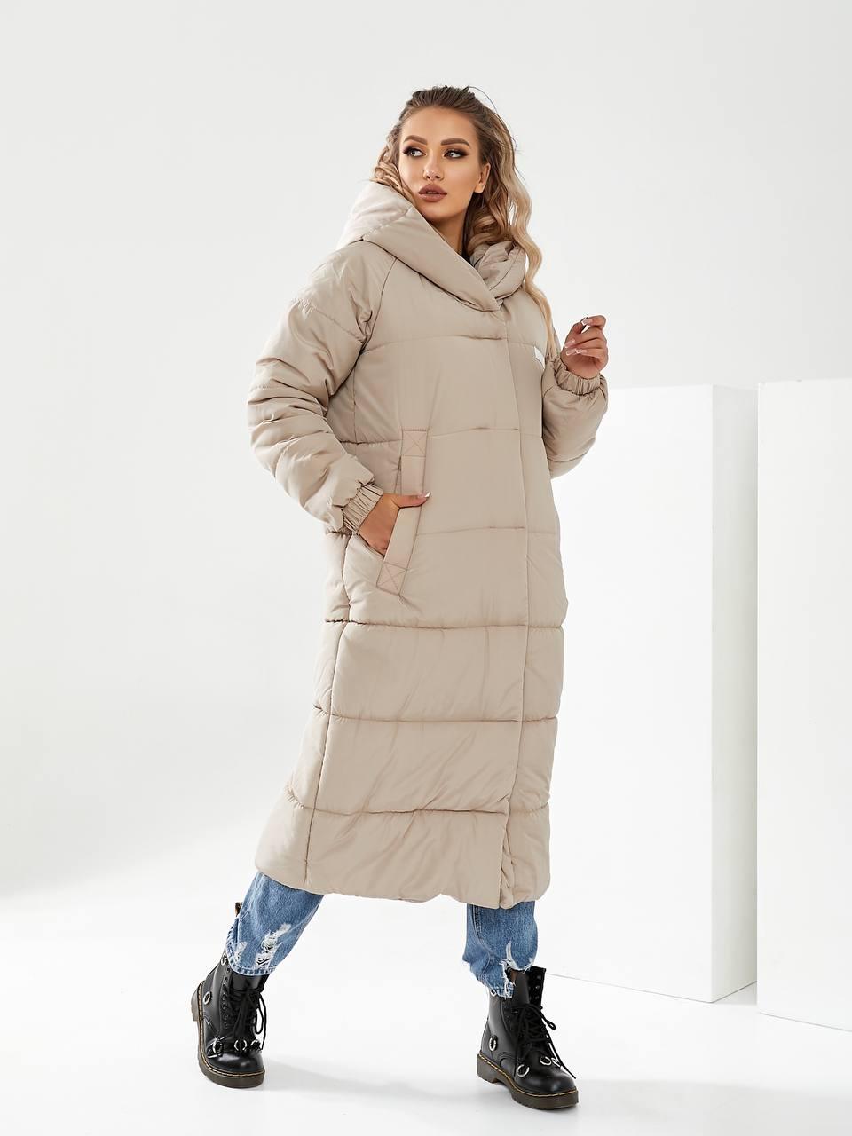 Пальто пуховик ковдра зима OVERSIZE з капюшоном арт. 520 айворі / молочного кольору