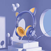 Дитячі навушники сині дротові провідні накладні для телефону Hoco навушники накладні з вушками котика з мікрофоном