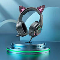 Навушники з вушками і мікрофоном з підсвічуванням для комп'ютера ігрові котячі навушники для ПК накладні Hoco 107