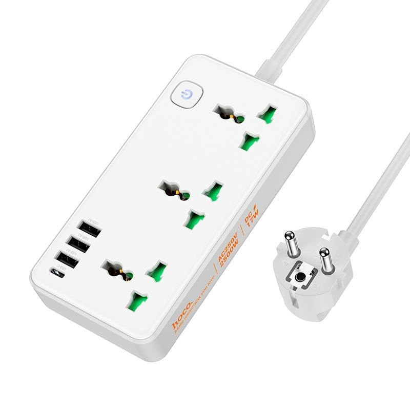 Мережевий фільтр подовжувач з USB HOCO AC7A Type-C 3 розетки 1.5 м White, фото 1