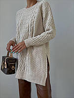 Женский свитер туника свободного фасона с узорной вязкой (р. OS) 77043289 Бежевый