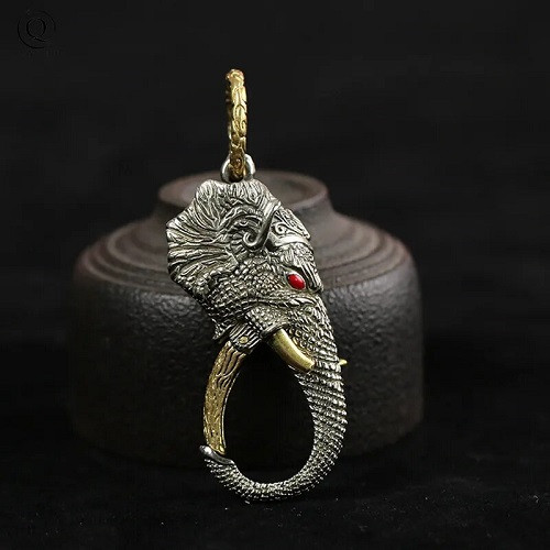 Елітний антикварний ретробрелок карабін для ключів у формі голови слона із зображенням Ганеші в тайському стилі, фото 1