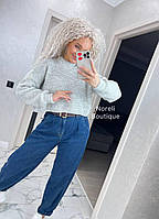 Женский теплый укороченный свитер "Алия" с длинными и широкими рукавами на резинке (Оnesize), Светло-серый