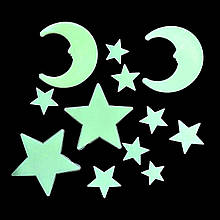 Фосфорні наклейки для декору стін та стелі Зірки із Місяцем, що світяться, 10+2 шт