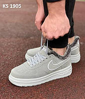 Зимові чоловічі кросівки Nike Air Force 1 Low, замша з хутром, сірий колір. 40-44