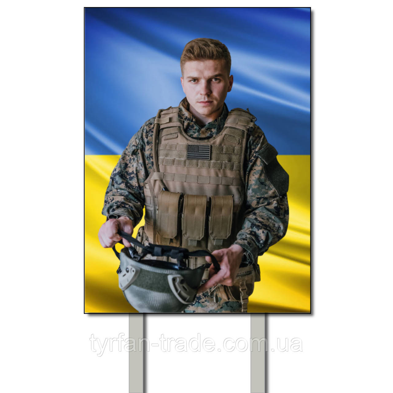 Замовити табличку на пам'ятник металеву з фотографією солдата з ніжками для вкапування