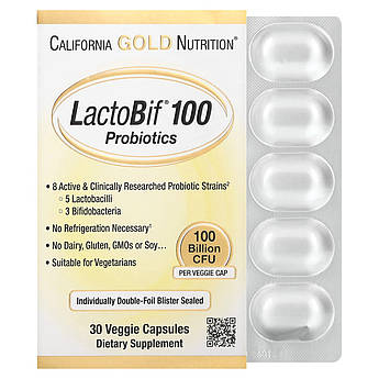 Пробіотики 100 млрд ДЕЯ California Gold Nutrition LactoBif Probiotic для здоров'я кишківника 30 рослинних капсул