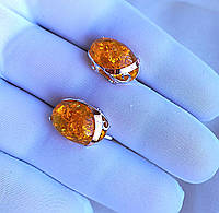 Серьги серебряные с золотыми вставками камни янтарного цвета