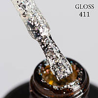Гель-лак серебристый, голографический микроблеск и блестки, GLOSS 411, 11 мл