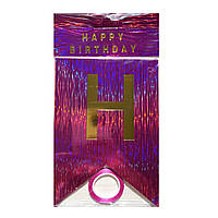 Гирлянды-флажки Happy birthday, фуксия голограмма, 16,5 * 12 см