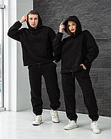 Зимние парные спортивные костюмы на флисе для двоих семейные, одинаковые костюмы для пары оверсайз черные