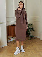 Тепла жіноча сукня худі на флісі нижче колін кавова, женское платье худи на флисе