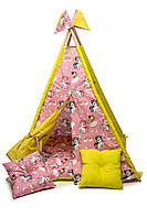 Вигвам детский палатка для дома с матрасом Бон бон и подушками "Пони на розовом с желтым"