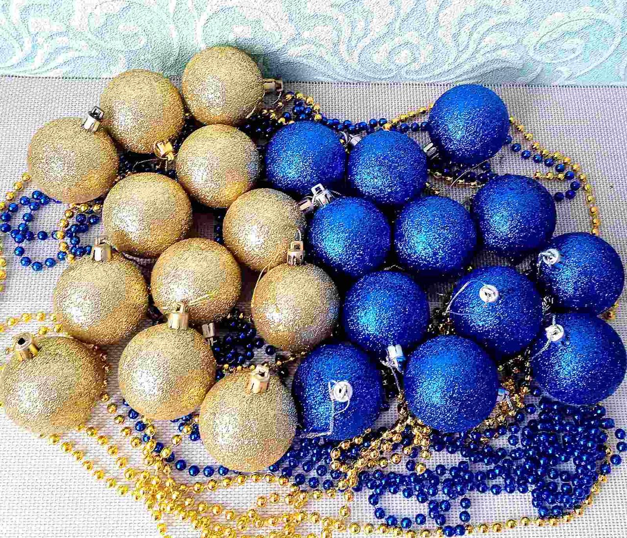 Набір новорічних іграшок 24 шт 4см | прикраси ялинкові блакитно жовті | новорічні іграшки, фото 1