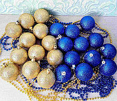 Набір новорічних іграшок 24 шт 5см | прикраси ялинкові блакитно жовті | новорічні іграшки