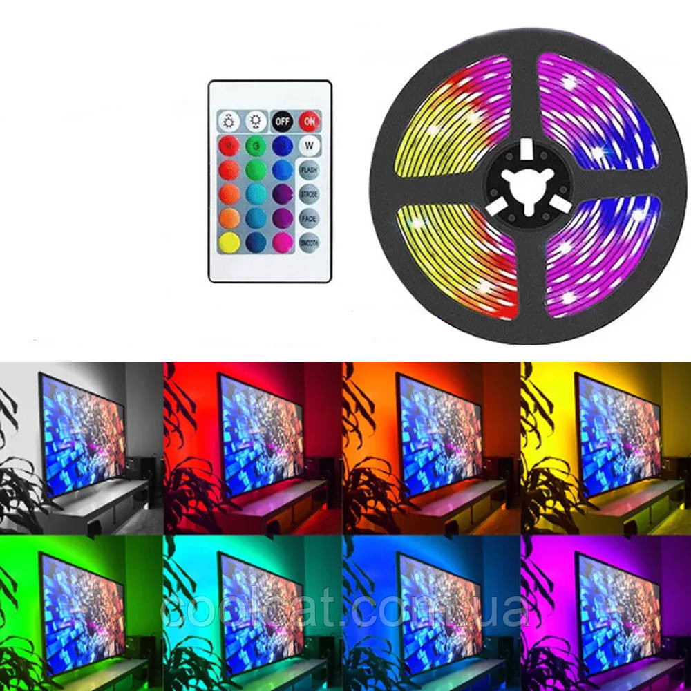 Світлодіодна LED стрічка 5050, 2 м + Пульт / Вологозахищена різнокольорова стрічка для підсвічування телевізора, фото 1