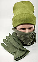 Набір "ТЕПЛО", шарф "БАФ", шапка акрилова, рукавички фліс (олива колір, охорона, Україна)
