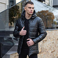 Мужская кожаная куртка стеганая зимняя черная до -15*С с капюшоном XXL (G)