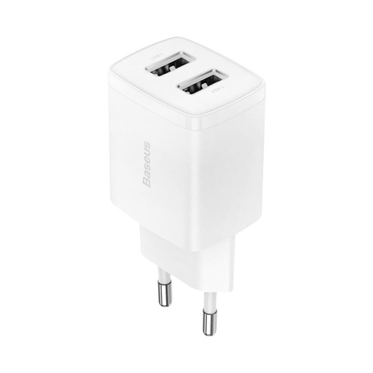 Адаптер зарядний — блок на 2 виходи Baseus Compact 10,5 W (2 USB) білий