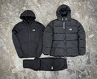 Комплект 3 в 1 Куртка зимняя черная + спортивный костюм The North Face кофта на змейке и штаны черного цвета