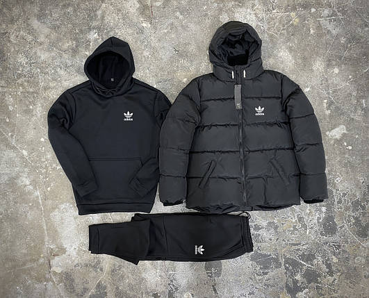 Комплект 3 в 1 Куртка зимова чорна + спортивний костюм Adidas худі та штани чорного кольору Адідас, фото 2