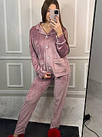 Женский велюровый костюм рубашка на пуговицах с карманами и штаны размер XS-XXl L, Розовая пудра