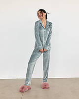 Женский велюровый костюм рубашка на пуговицах с карманами и штаны размер XS-XXl L, Серебро