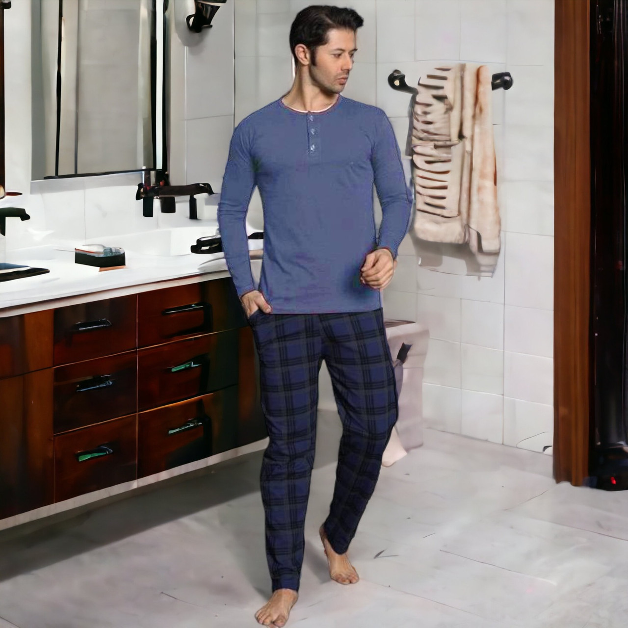 Чоловічий домашній костюм М (48-50), чоловіча піжама зі штанами в карту, 5 кольорів, 100% Бавовна, ТМ Isilay, Туреччина