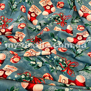 Велюр спорт на хутрі друкований принт Новорічний на сіро-синіму