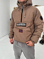Красивый мужской теплый бежевый анорак на синтепухе с капюшоном, повседневный зимний анорак плащевой оверсайз