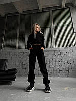 Чёрный флисовый утепленный мягкий женский костюм-двойка: свитшот с горловиной на молнии и штаны на манжете