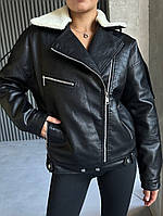 Стильная женская зимняя курточка Эко кожа, наполнитель тинсулейт 42-46 oversized,48-52 oversized Цвет Чёрный
