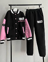 Детский костюм Бомбер на флисе теплый Барби розово/черный трендовая стильная куртка бомбер на кнопках для дево 164