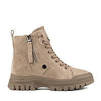 Ботинки женские зимние замшевые на удобной толстой платформе, на высокой подошве с шурками на меху бежевые