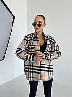 Женска тёплая рубашка в клетку кашемировая на пуговицах с карманами чёрная с бежевым 42-44-46 S/M/L