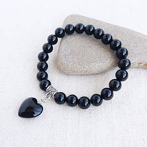 Браслет з натурального каменю Чорний агат з підвіскою серце