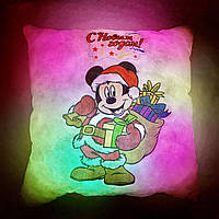 Подушка ночник Микки Маус с Новым годом - светящаяся подушка Mickey Mause New year - детская подушка Мех плюш