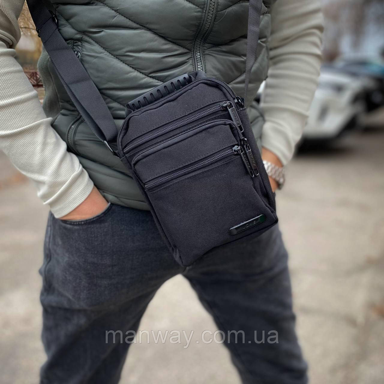 Чоловіча барсетка сумка через плече багато відділень міцна текстильна невелика хакі зелена