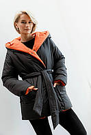 Двухсторонняя куртка женская зимняя с капюшоном и поясом черный-терракот теплая стильная молодежная