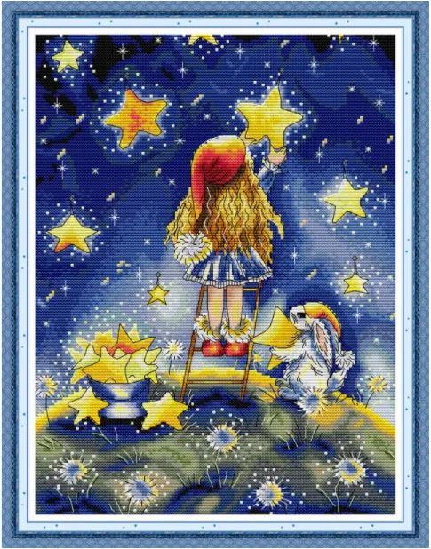 Набір для вишивання за нанесеною на канву схемою "Girl picking stars" AIDA 14CT printed, 32*41 см