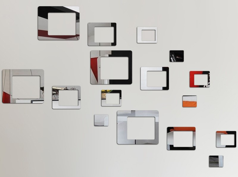 Наклейки на стіну дзеркальні квадрати порожнисті 13*10,5 срібло 16 штук акрил 8712, фото 1