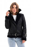 Дубленка женская авиатор короткая эко овчина, куртка - косуха бренд демисезонная, Черная 42