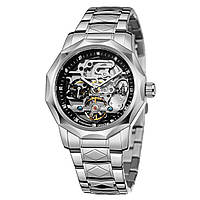 Серебристые часы мужские механические с автоподзаводом Forsining, Стальные наручные часы Скелетон для мужчины