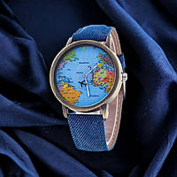 Женские современные часы в синем цвете с картой земли с синим ремешком, Современные наручные часы