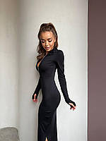 Женское элегантное обтягивающее однотонное длинное черное платье на молнии по бокам разрезы длинный рукав