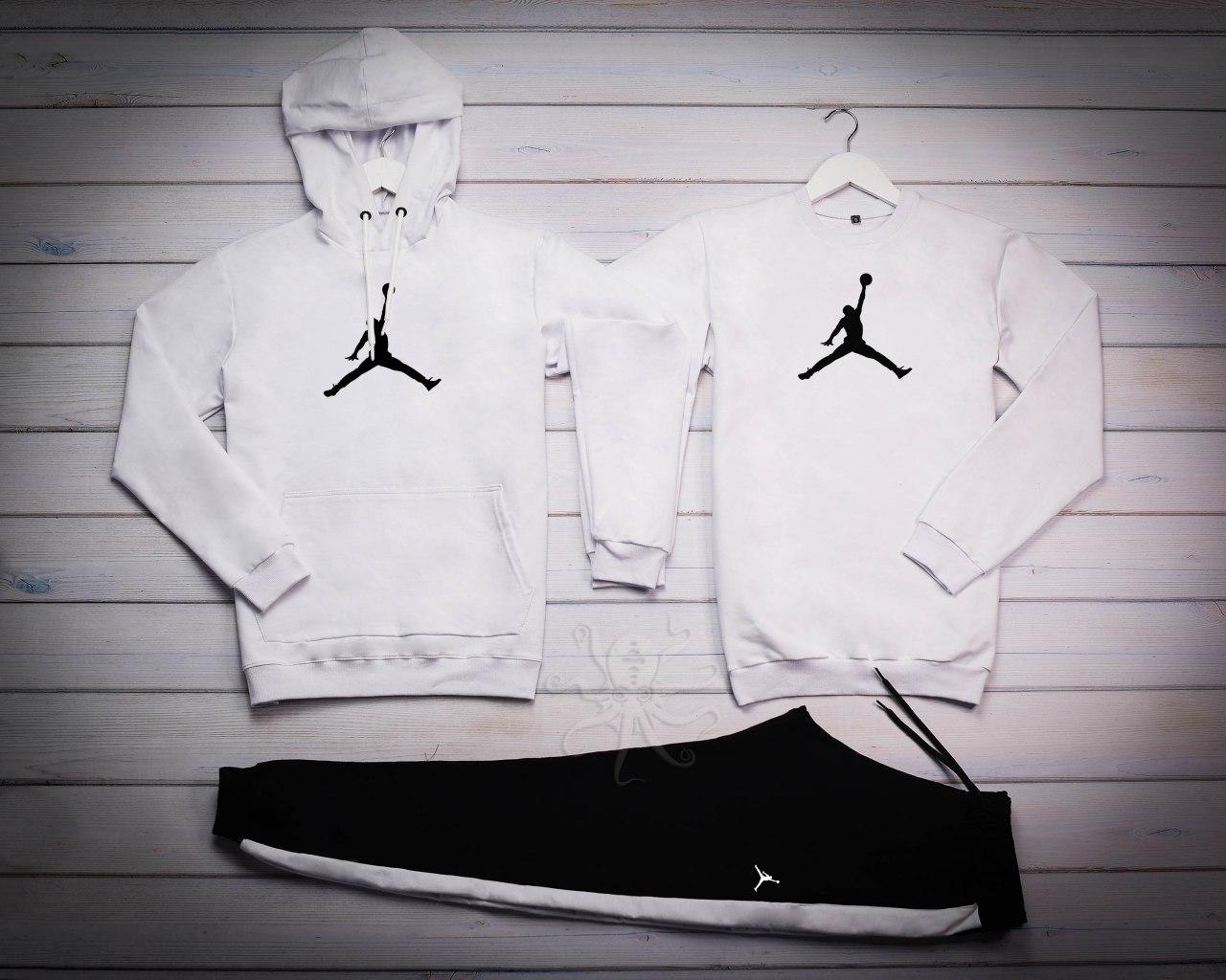 Костюм чоловічий зимовий Nike Jordan світшот худі штани чорний-білий спортивний комплект флісовий зима джордан